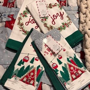 Holiday Joy Kitchen Towels - Red & Green Christmas Wreath and Cabin Prints